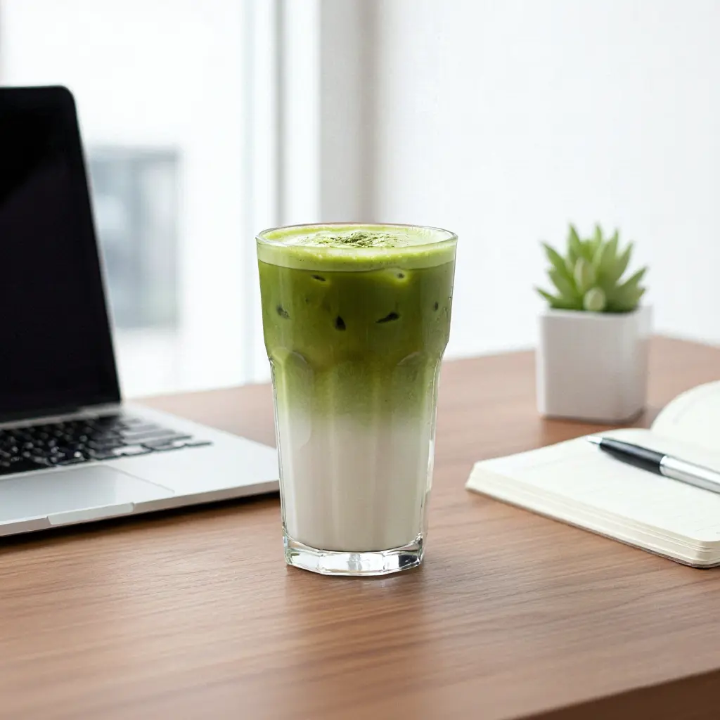 Szklanka Matcha Latte na nowoczesnym biurku, symbolizująca skupienie i stabilną energię.